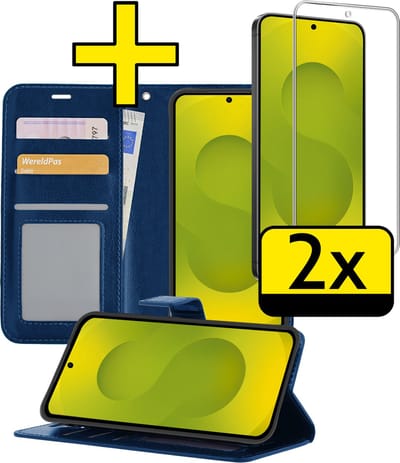 Hoesje - Met Screenprotector - Geschikt voor Samsung Galaxy S25 FE - Luxe Pasjeshouder - Bookcase Portemonee - Flip Case - Kunstleer Book Case - Flipcase - Book Cover - Walletcase - Portemonneehoes - Telefoonhoesjes - Donkerblauw