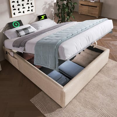 MEUNIQ gestoffeerd bedframe 140x200 cm met hydraulische opbergruimte, USB en Type-C, doorlopende bedbodem, zonder hoofdbord, Beige, Naturel