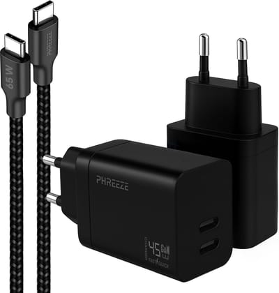 Phreeze usb C adapter 45 W - Usb C naar usb C kabel 1 m - Power Delivery snellader met 2 poorten
