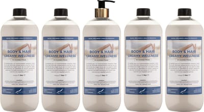 Body & Hair Creamy Wellness 1 liter met gouden pomp - set van 5 stuks - 2 in 1 voor lichaam en haar - voordeelverpakking