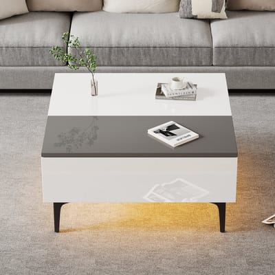 MODFU Salontafel - In Hoogte Verstelbaar - Verborgen Opbergruimte - Modern - Woonkamer - MDF - Wit En Grijs - 70 X 70 X 35 Cm
