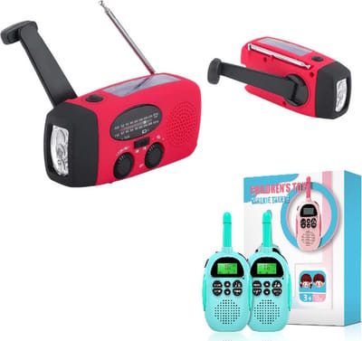 Noodpakket - 6 in 1 Noodradio + Walkie Talkie Twintalker Blauw - Nood Radio Opwindbaar + Zonneenergie - Op ingebouwde Batterijen ( Accu ) - Noodpakket Solar - Voor Noodrantsoen - Rampen - Draagbare - FM AM Rood
