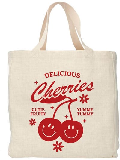 Creasowl® - Delicious cherries tote bag - Boodschappentas 38 x48 cm - Polylinnen- Kersen tas - Shopper - Canvas tas - Boodschappen tas - Totebag - Schoudertas - Draagtas - Tas met spreuk