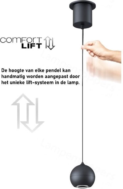 Hanglamp Miami Zwart Ø 10cm Incl. Easy-lift Katrol Systeem