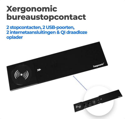 Xergonomic bureau stopcontact – B35xL10xH3.5cm - Bureau stekkerdoos met 2 stopcontacten, 2 USB-poorten, 2 internetaansluitingen en QI draadloze oplader – Inbouw contactdoos voor huis en kantoor meubilair – Stevige en moderne inbouwstekkerblok – Zwart