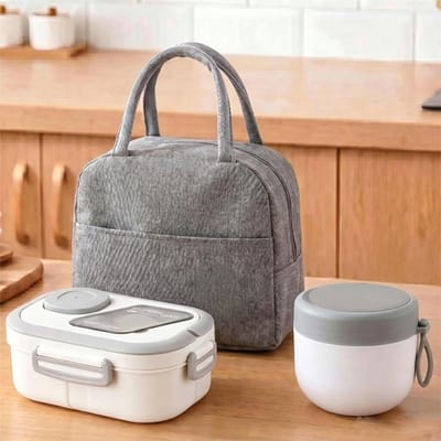 KZQ Lunchboxset - Ontwerp met meerdere compartimenten, lekvrij, geschikt voor magnetron en vaatwasser - Inclusief sausbakje, bestek en draagtas - Geschikt voor werk, school en picknicks - Wit - 1200 ml
