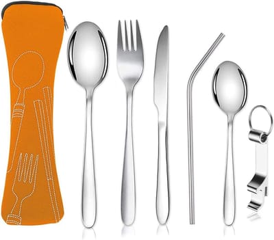 Famanu – Draagbare camping bestekset van roestvrij staal, 6-delig met opbergtas voor outdoor gebruik