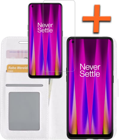 Hoes - Met Screenprotector - Geschikt voor OnePlus Nord CE 2 - Luxe Pasjeshouder - Bookcase Portemonee - Flip Case - Kunstleer Book Case - Flipcase - Book Cover - Walletcase - PortemonneeHoes - Wit