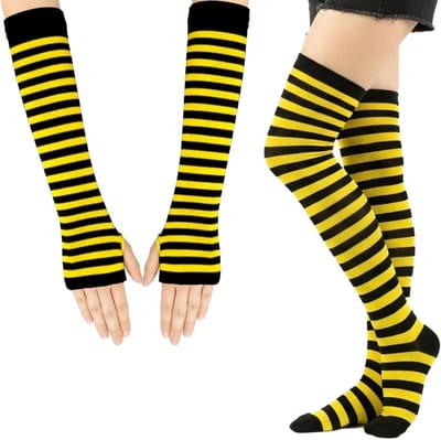 Gestreepte Kniesokken en Lange Brei Handschoenen Set voor Feestkostuum en Cosplay Accessoires