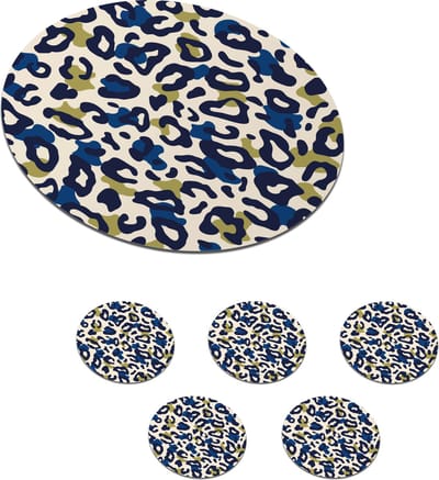 Onderzetters voor glazen - Rond - Panter - Design - Blauw - Groen - 10x10 cm - Glasonderzetters - 6 stuks