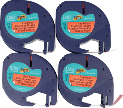 Dappaz - 4 stuks Dymo LetraTag 91203 Labeltape Zwart op Rood 12 mm x 4 m - Geschikt voor Dymo LetraTag Labelprinter S0721630