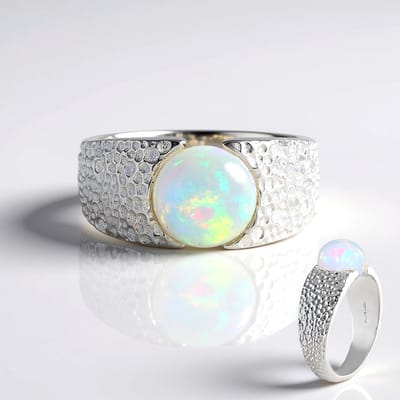 Cavill - Zilveren ring dames 925 Sterling zilver - Welo-opaal 2,725 ct, ronde 9 mm - Geplatineerd met hamerslag textuur - Uniek kleurenspel, elegant