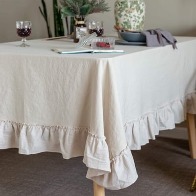 Nappe Rustique Classique in lin impressé Village Français - Décoration de Table de Ferme -150 x 305 cm - Rectangulaire / Rectangulaire - Blauw - Voor de Cuisine et la Salle à Manger