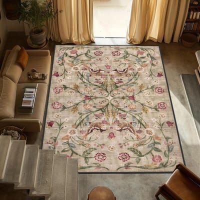 Tapis Turc Traditionnel Floral Boho Chic Lavable Antidérapant Grand Tapis à Zone Usée pour Décoration de Salon Chambre à Coucher 160*200cm