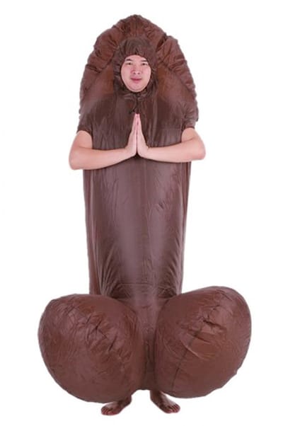 KIMU® Opblaas Kostuum Penis Donkerbruin - Opblaasbaar Pak - Penispak Mascotte Opblaaspak Piemelpak - Opblaasbare Zwarte Piemel Vrijgezellendag Dames Heren Festival