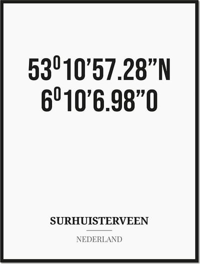 Poster/kaart SURHUISTERVEEN met coördinaten