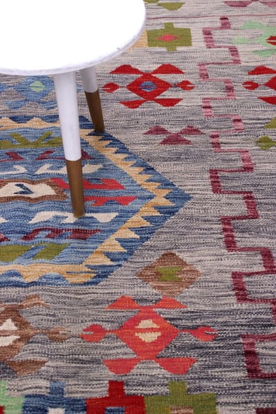 Kleurrijk Tapijt Laagpolig Handgeweven Wollen Vloerkleed - Koho Afghan Kelim 198x160 - 198x160cm- Modern - Woonkamer - Salon - Slaapkamer - Eetkamer