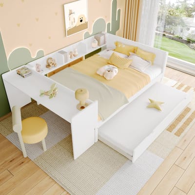 MIVRAY Houten Bed 140x200 Cm - Tweepersoonsbed Zonder Matras Met Uitschuifbed En Bureau - Met Drie Planken - Grenenhout - Wit