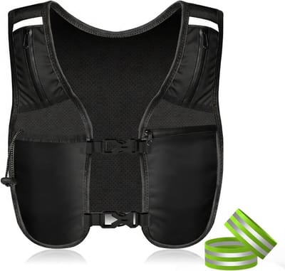 Famanu – Hardloopvest met 2 goed zichtbare reflecterende armbanden - reflecterende loopvesten voor dames en heren met verstelbare tailleband - licht drinkvest - 5 zakken - telefoonhouder en opslag