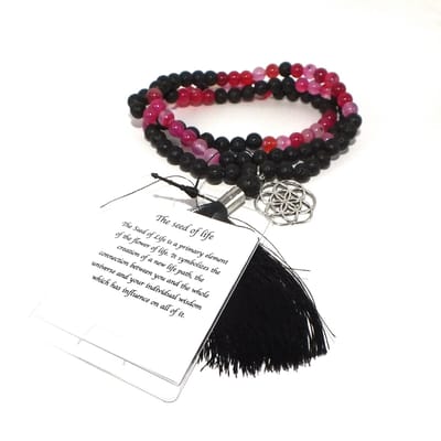 Mala ketting 108 kralen | Lavasteen Agaat | zwart roze | 6mm | Sparkolia | Seed of Life