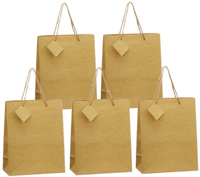 Luxe papieren giftbags/cadeau tasjes - 5x - goud met glitters - 21 x 26 x 10 cm - goodie bags