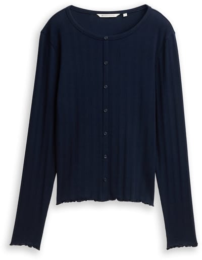 Tom Tailor Denim - Pointelle shirt met lange mouwen en decoratieve knoopsluiting - Maat XS - sky captain blue