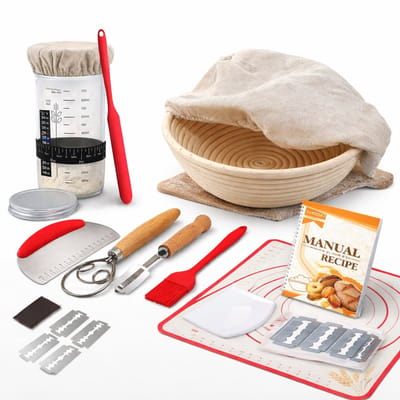 Home & Marker - Zuurdesem Starter Set - Complete Broodbakset met Rijsmandje Rond Ø 23 cm - Fermentatiepot 650ml - Inclusief Deegmesje, Bakmat & Recepten - Sourdough Starter Kit - DOUGHMASTER