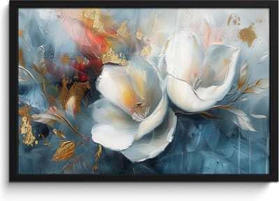 Poster in lijst - Fotolijst 60x40 cm - Posters - Bloemen - Wit - Goud - Kunst - Abstract - Posterlijst zwart - Decoratie - Wanddecoratie woonkamer - Muurdecoratie slaapkamer
