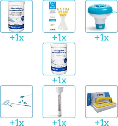 Zwembad Onderhoudspakket - Onderhoud Zwembad - bevat Chloor - Testrips - Chloordrijver - Chloor - Schoonmaakset - Thermometer en Scrubborstel (7-delig)