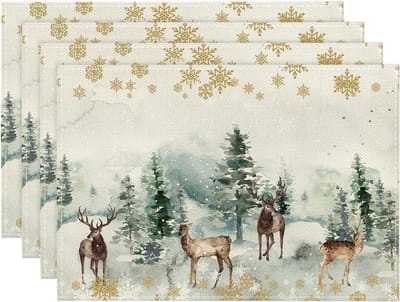 4 STKS Aquarel Herten Bomen Sneeuwvlokken Kerst Placemats Sets Kerst Tafelmatten en Onderzetters 30 x 45 cm Winter Xmas Vakantie Vintage Wasbare Tafelmatten voor Party Winter Vakantie