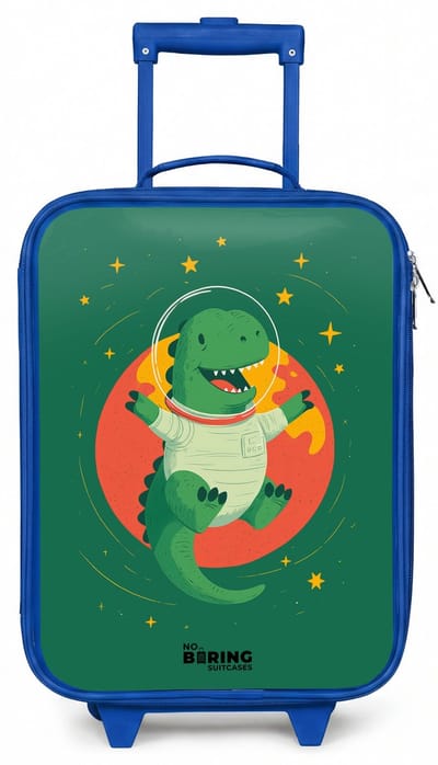 NoBoringSuitcases.com® - Kinderkoffer blauw - Kindertrolley jongen - Dino - Planeet - Sterren - Groen - Koffer kind lichtgewicht - Reiskoffer trolley voor kinderen - Koffertje met lichtgevende wieltjes - Rolkoffer