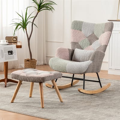 YEHTOKHOME Schommelstoel met Lendenkussen en voetensteun - Comfortabele Relaxstoel - Loungestoel voor Woonkamer - Slaapkamer en Terras - Stof - Kleurrijk