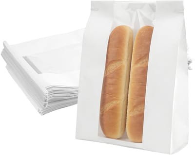 Dailygoods- Broodzakken 100 stuks - Papieren Zakken met Venster - Witte Broodzakken - Bakkerszakken - Robuust Papier - Afmetingen 35 x 21 x 9 cm