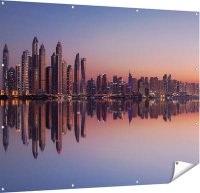 Gards Tuinposter Skyline Dubai Stad bij Zonsondergang - 150x120 cm - Tuindoek - Tuindecoratie - Wanddecoratie buiten - Tuinschilderij