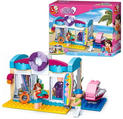 Sluban Girls Dream Watersports Store bouwspeelgoed kinderen vanaf 6 jaar – Constructiespeelgoed modelbouw winkel aan het water – bouwdoos met 180 bouwstenen en 3 minifiguren – M38-B0603
