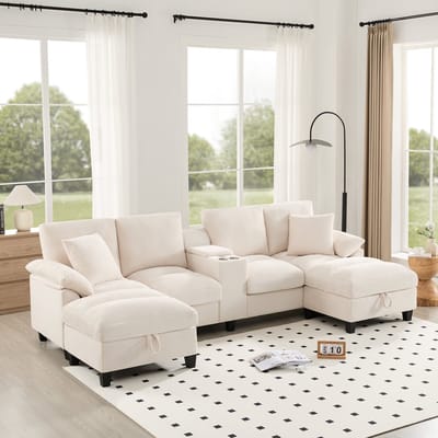 MODENUIT U-bank 293 x 142 cm - Met Opbergruimte, USB-Aansluitingen en Bekerhouders - Woonkamer - Cord Beige