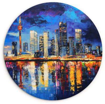 WallCircle® Wandcirkel 120x120 cm - Muurcirkel Skyline Toronto - Modern - Stadslicht - Blauw - Muurdecoratie woonkamer - Wanddecoratie slaapkamer - Kamer decoratie accessoires - Ronde schilderijen XXL