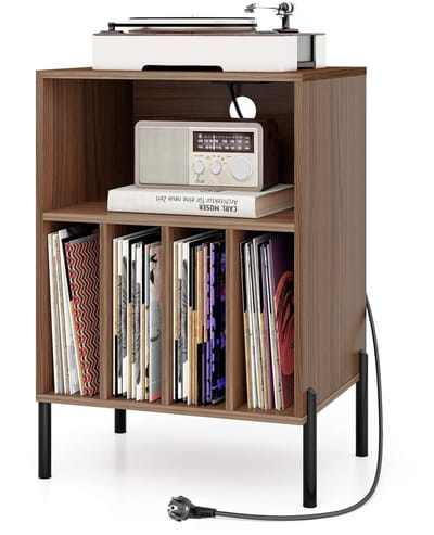 COSTWAY Draaitafel standaard met laadstation, vinylplaten, draaitafel met plank en 4 scheidingswanden en metalen poten, platenstandaard bijzettafel, woonkamer kantoor, 53 x 45 x 78,5 cm (bruin)