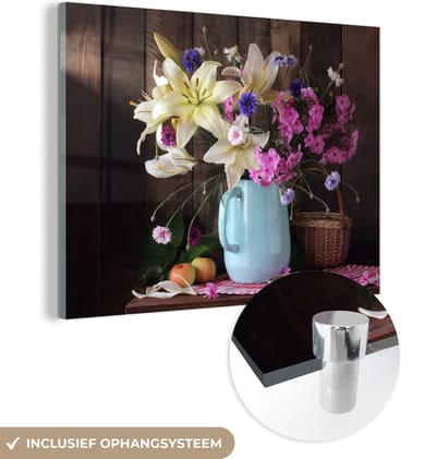MuchoWow® Glasschilderij 40x30 cm - Schilderij acrylglas - Mand - Bloemen - Zomer - Foto op glas - Schilderijen