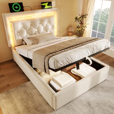 Eenpersoonsbed 90x200 cm - Gestoffeerd Opbergbet Met LED Diamantband En USB En USB-C - Hydraulische Opbergruimte - Fluweel - Beige