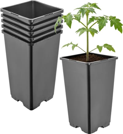 Garronda Set van 5 hoge vierkante kunststof bloempotten met drainagegaten voor tuin (Zwart, 11 x 11 x 19 cm (1,7L)) GD-KW-HS