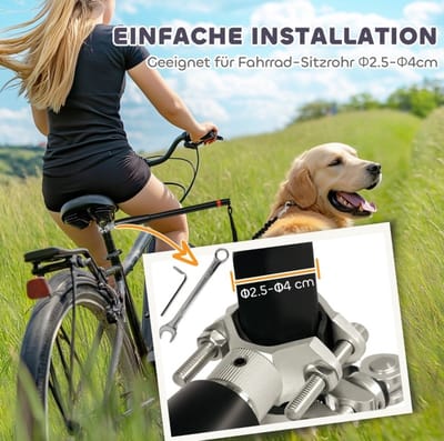 MEUNIQ Fietshondenlijn 124 cm met elastisch koord en stalen buis, fietsbeugel voor honden voor zadelbuis Ø 2,5-4 cm, ook als gewone hondenlijn, zwart