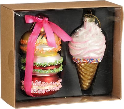 House of Seasons Kersthangers macaron en ijsje - 2x st - glas - 14 x12 x 5,5 cm - kerst