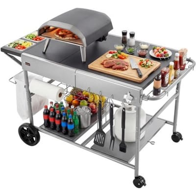 VEVOR Outdoor Grillwagen 925x595x25 MM (Tafelbladformaat), Verrijdbare Grilltafel met 4 Kruidenbakjes, Wielen, Deksels en Haken, Grillvoorbereidingstafel/Serveerwagen voor Picknick, Keuken en Tuin