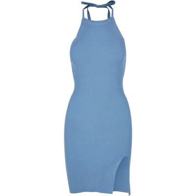 Urban Classics - Rib Knit Neckholder Korte jurk - L - Blauw
