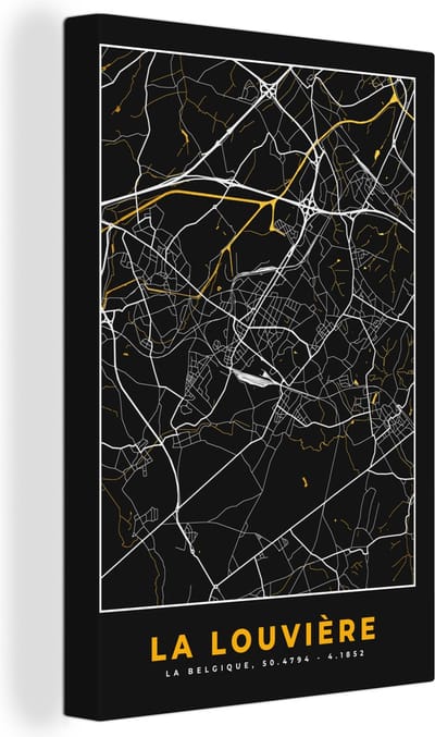 Canvas Schilderij La Louvière - Kaart - Plattegrond - Goud - Stadskaart - 20x30 cm - Wanddecoratie