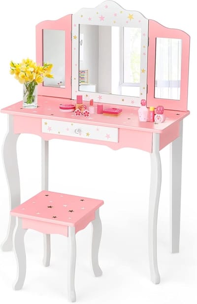 KOMFOTTEU Make-uptafel voor kinderen, met kruk, prinsessen-kaptafel met afneembare klapspiegel, houten kaptafel met lade voor meisjes, 3 jaar en ouder
