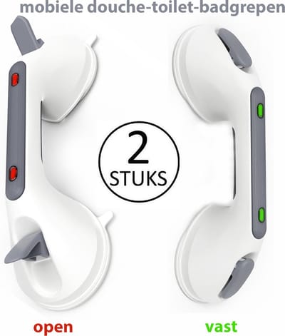 2 stuks supersterke Douchegrepen met zuignappen--Mobiele badgrepen-Badgreep voor Badkamer Douche & Toilet met sterke zuignapen-met indicator Los/Vast