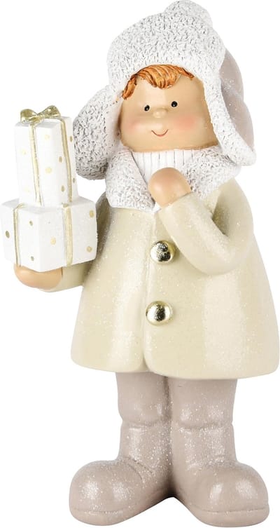 Dekoratief | Winterjongen staand m/cadeautjes, creme, resina, 13x9x27cm | A245121