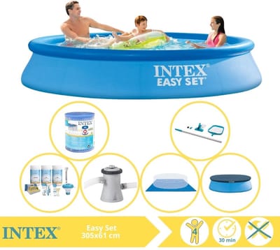 Intex Rond Opblaasbaar Easy Set Zwembad - 305 x 61 cm - Blauw - Inclusief Afdekzeil - Onderhoudspakket - Zwembadfilterpomp - Filter - Grondzeil - Schoonmaakset - 7-delig